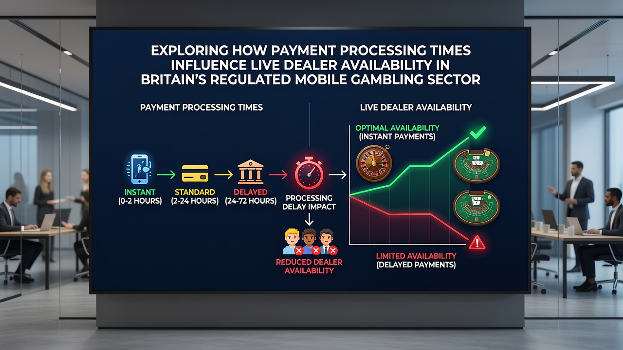 Infographic showing payment timeline comparisons and live dealer table occupancy rates on British mobile gambling platforms